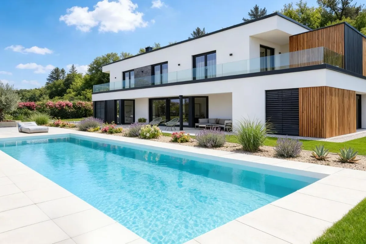 Rechteckiger Pool mit hellen Platten im modernen Garten mit Weißputz-Haus und Holzlamellen