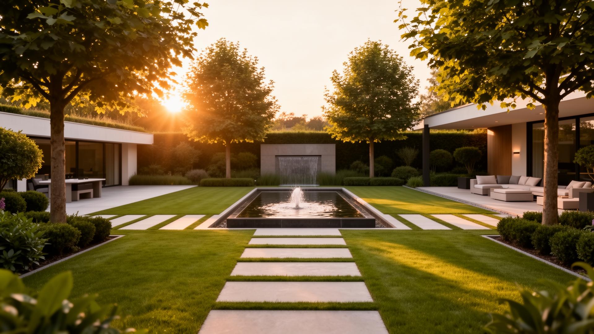 Modern gestalteter Premium-Garten im Abendlicht