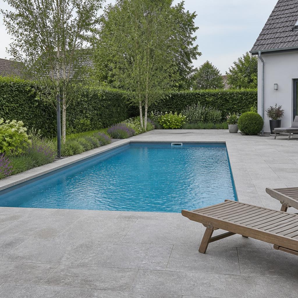 Desjoyaux Pool mit Steinplatten-Terrasse und Sonnenliegen